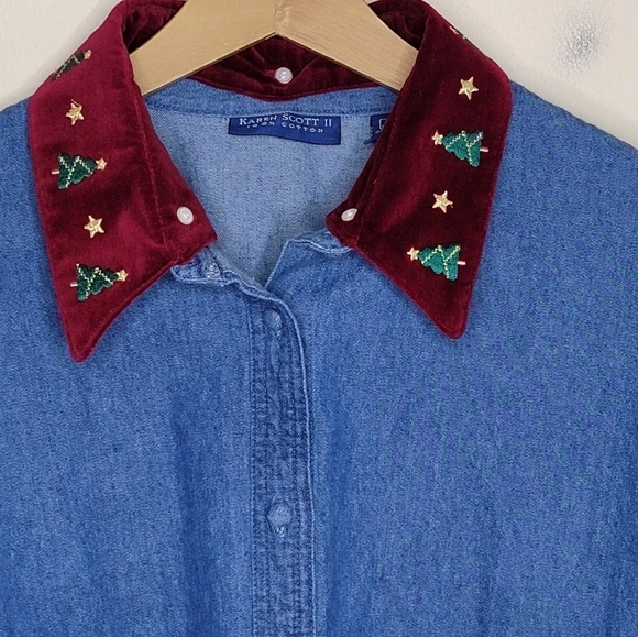 Karen Scott | Denim Button Up Shirt with Removable Christmas Tree Collar Size 1X - Picture 2 of 7
